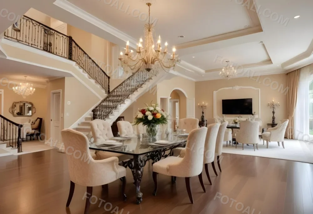 A Spacious And Elegantly Decorated Living Room Featuring A Glass Dining Table Surrounded By Ornate Chairs With Light Colored Upholstery The Room Has Warm Beige Walls And A Chandelier Hanging From The Ceiling In The Back 8 F405