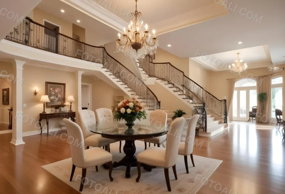 A Spacious And Elegantly Decorated Living Room Featuring A Glass Dining Table Surrounded By Ornate Chairs With Light Colored Upholstery The Room Has Warm Beige Walls And A Chandelier Hanging From The Ceiling In The Back 9 83dc