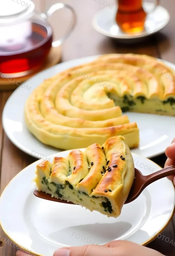 A Spinach Pie With Sesame Seeds On A Plate A Plate With A Pie In The Background And A Cup Of Tea On A Wooden Table 10 80c0