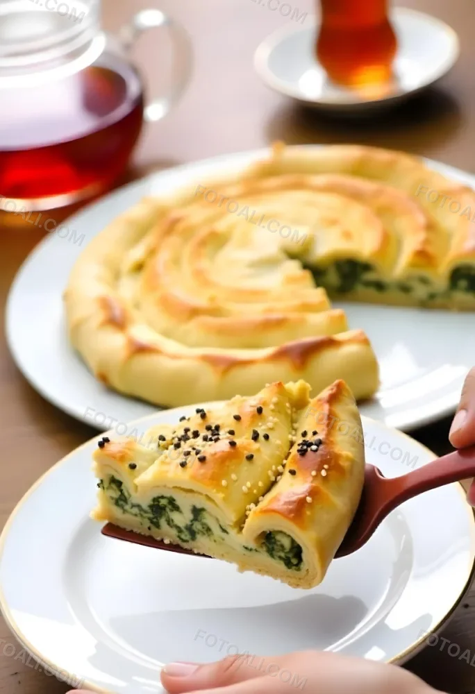 A Spinach Pie With Sesame Seeds On A Plate A Plate With A Pie In The Background And A Cup Of Tea On A Wooden Table 13 C87b