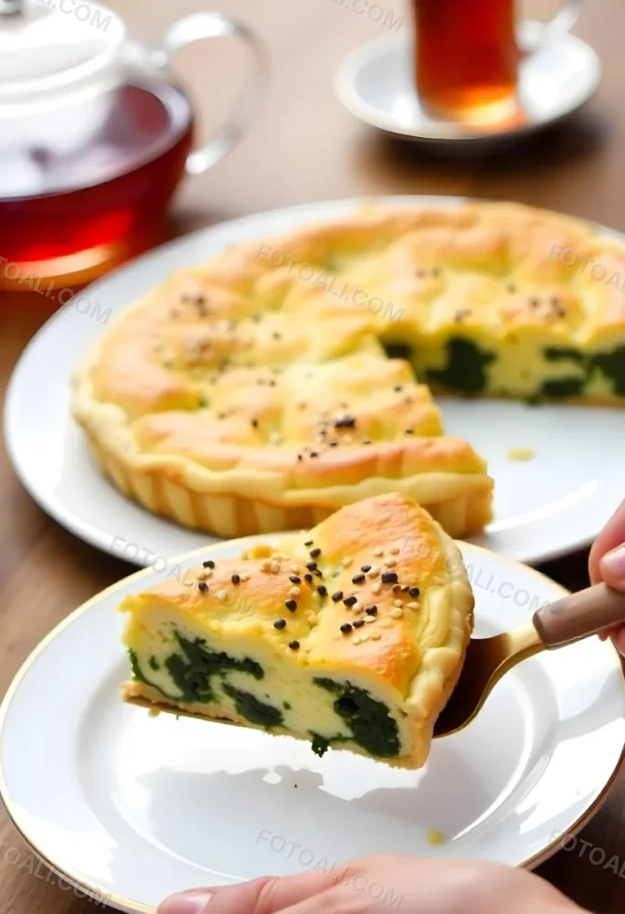 A Spinach Pie With Sesame Seeds On A Plate A Plate With A Pie In The Background And A Cup Of Tea On A Wooden Table 7 B260