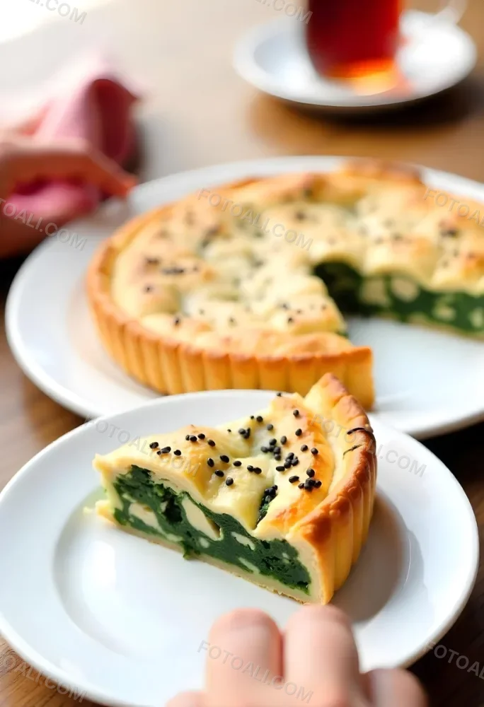 A Spinach Pie With Sesame Seeds On A Plate A Plate With A Pie In The Background And A Cup Of Tea On A Wooden Table 8 7a57
