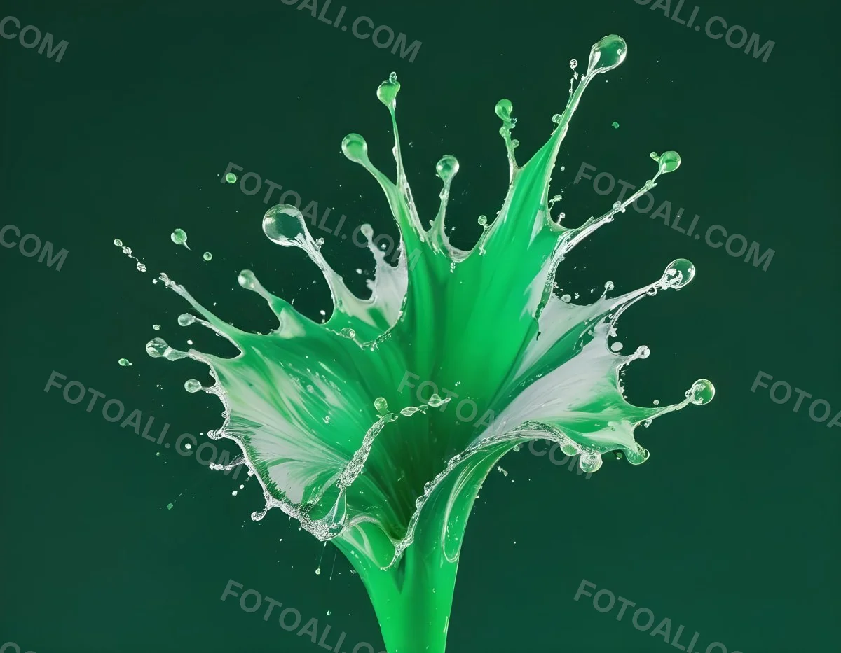 A Splash Of Vibrant Green Paint Frozen In Mid Air Creating Dynamic Curves And Droplets Against A Stark Green Background 14 2683