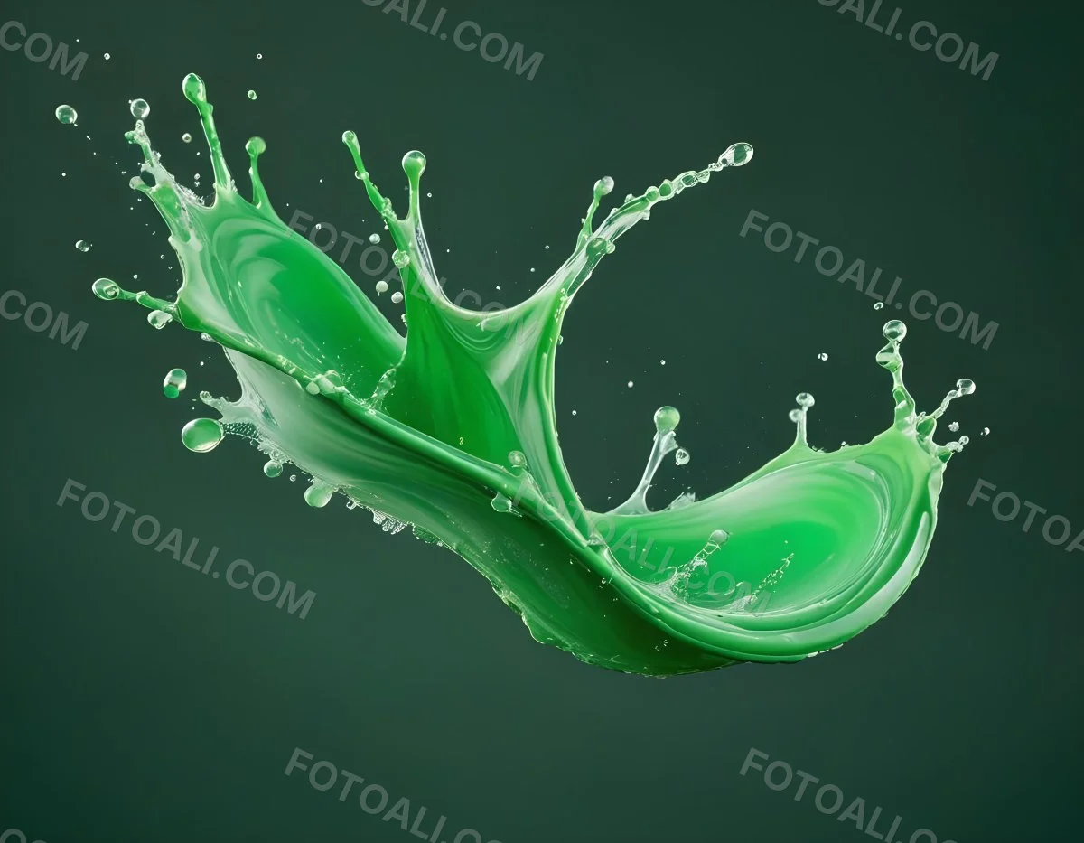 A Splash Of Vibrant Green Paint Frozen In Mid Air Creating Dynamic Curves And Droplets Against A Stark Green Background 27 7053
