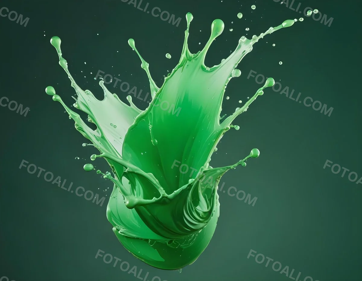 A Splash Of Vibrant Green Paint Frozen In Mid Air Creating Dynamic Curves And Droplets Against A Stark Green Background 6 6d88
