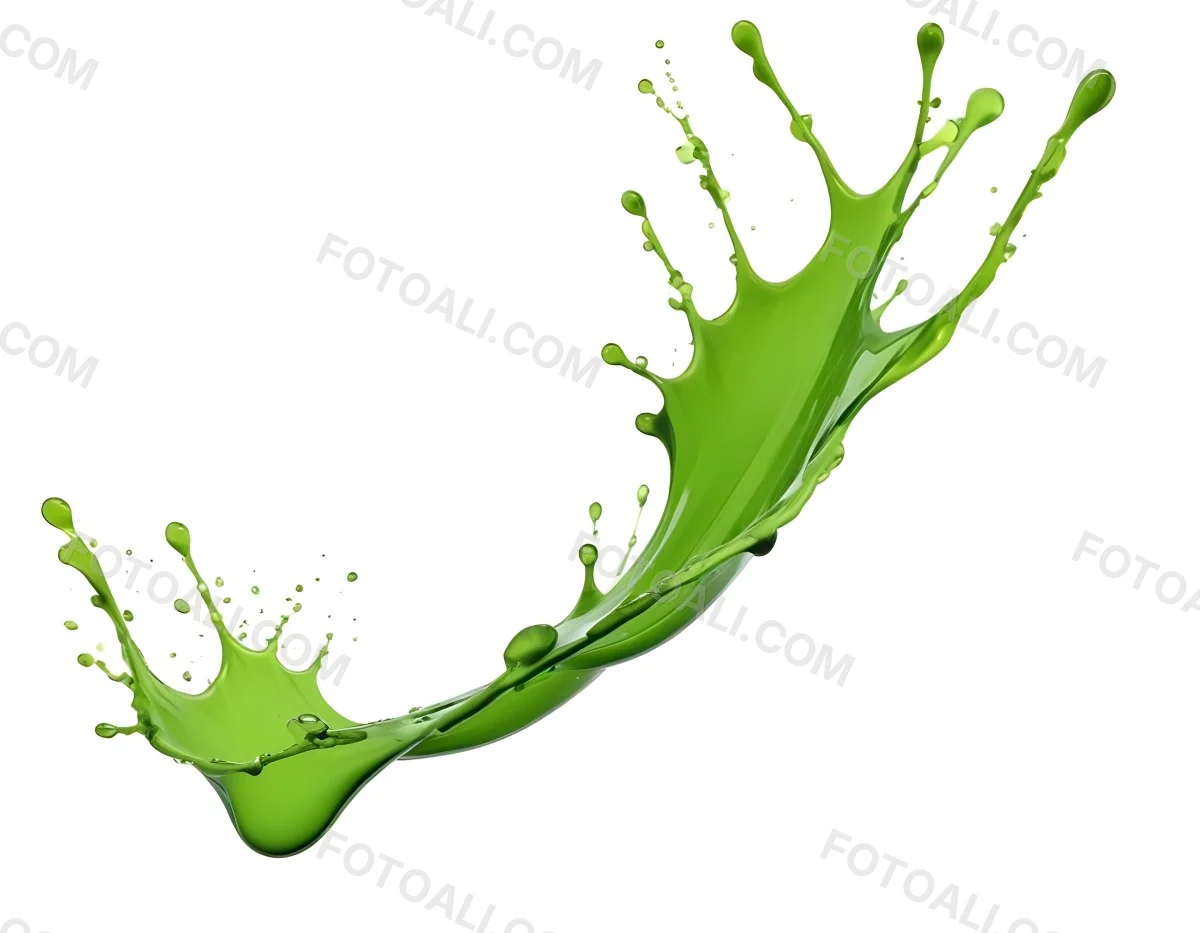 A Splash Of Vibrant Green Paint Frozen In Mid Air Creating Dynamic Curves And Droplets Against A Stark Green Background 8 491c
