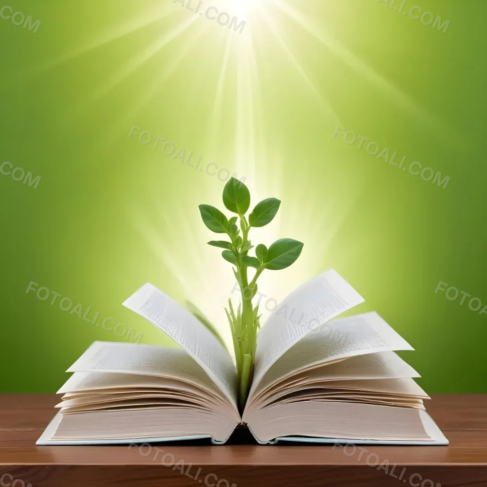 A Sprout Growing From An Open Book On A Wooden Table With A Bright Green Background And A Light Shining From Above 1 Cd92