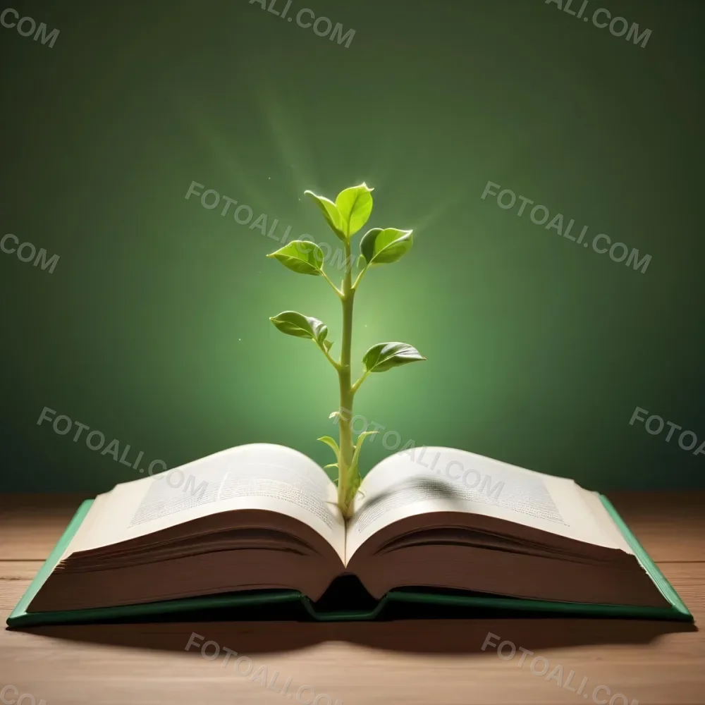 A Sprout Growing From An Open Book On A Wooden Table With A Bright Green Background And A Light Shining From Above 10 8e74