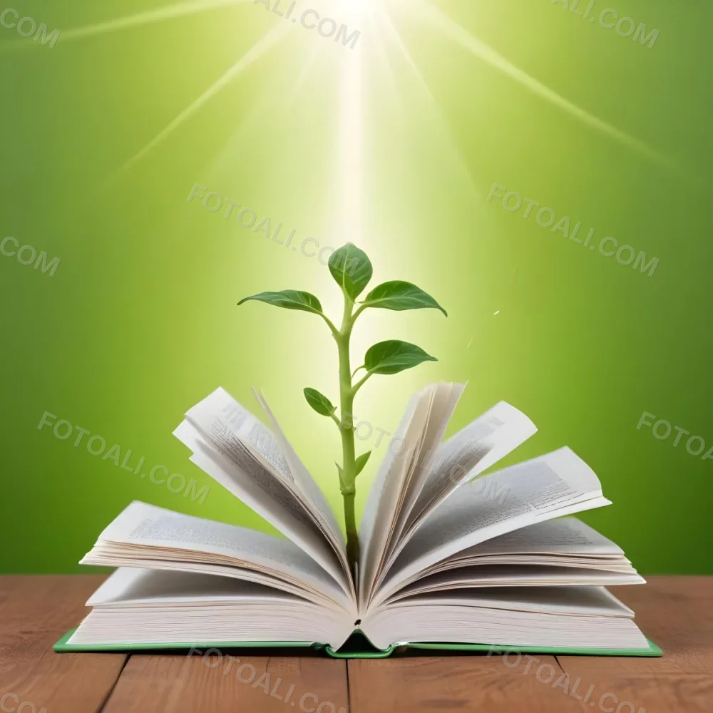 A Sprout Growing From An Open Book On A Wooden Table With A Bright Green Background And A Light Shining From Above 11 Ab09
