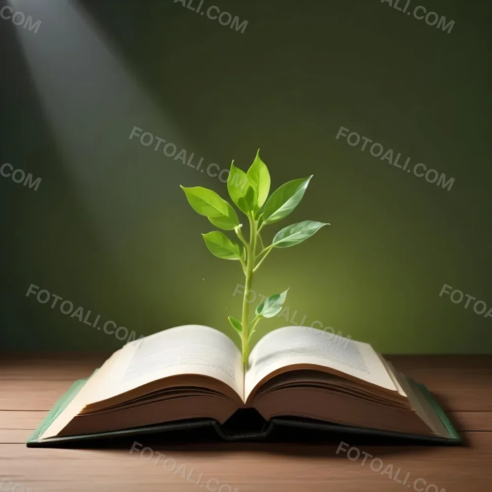 A Sprout Growing From An Open Book On A Wooden Table With A Bright Green Background And A Light Shining From Above 12 A068