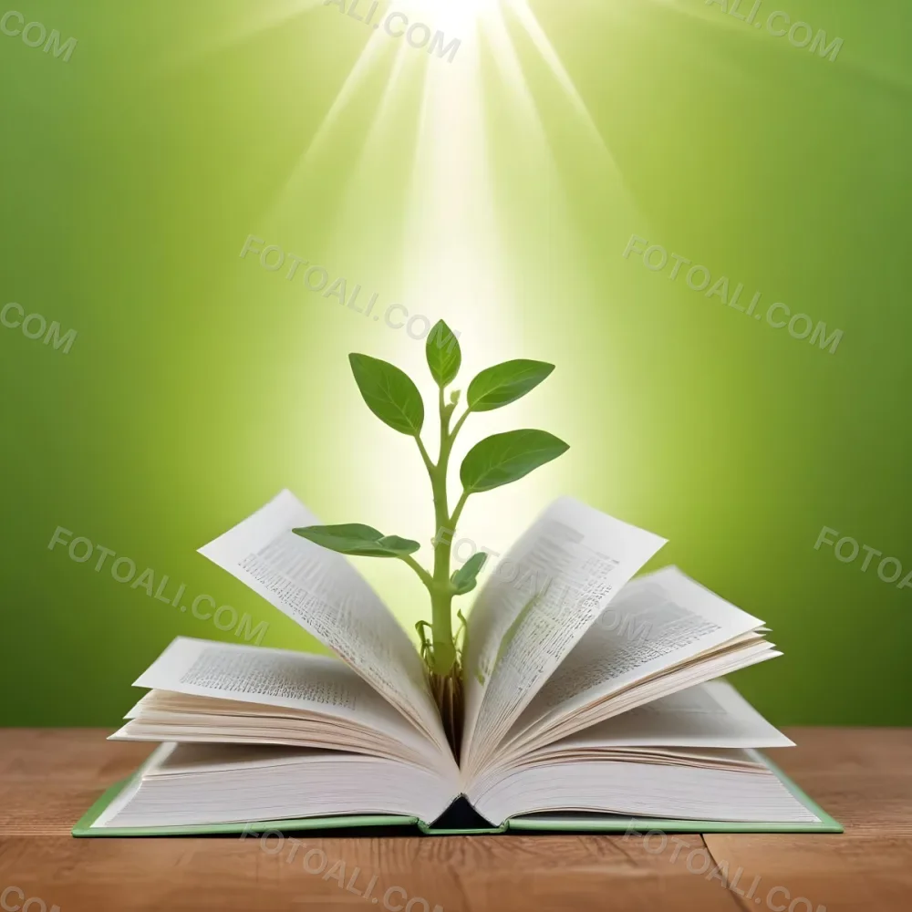 A Sprout Growing From An Open Book On A Wooden Table With A Bright Green Background And A Light Shining From Above 14 40e1