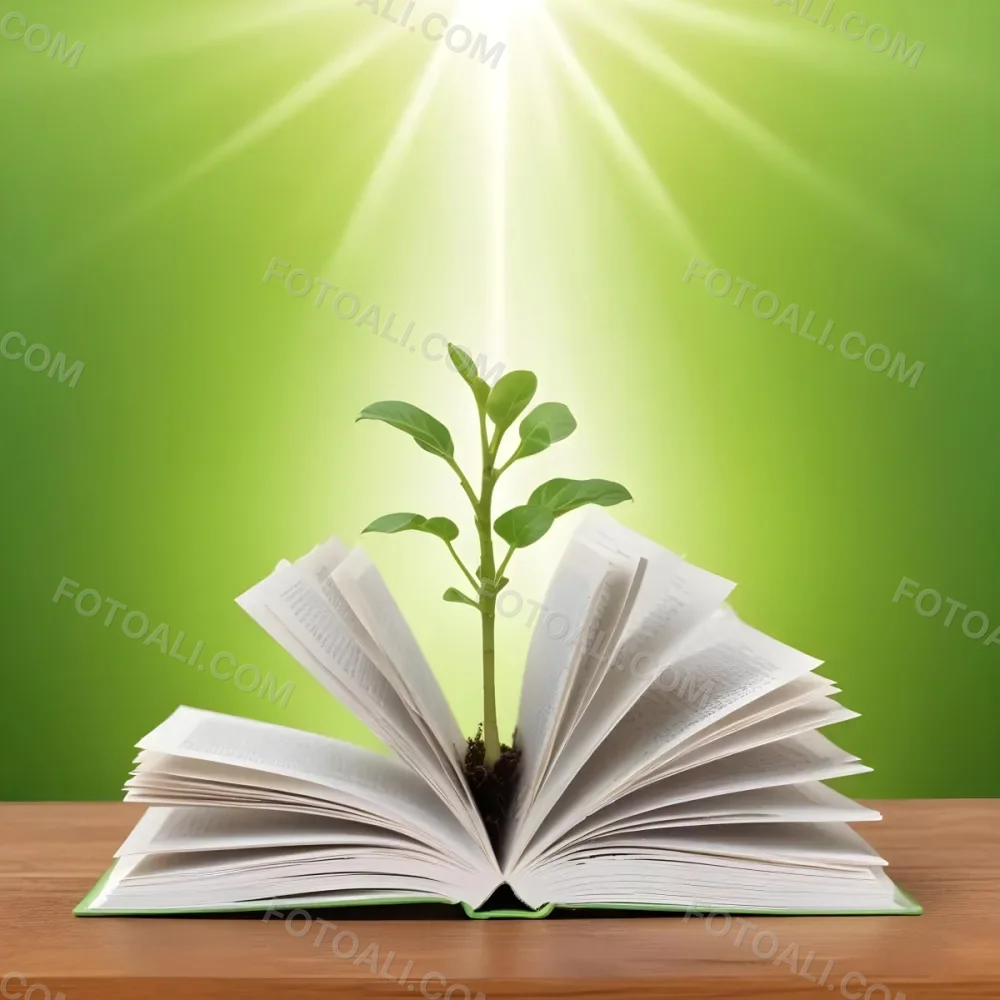 A Sprout Growing From An Open Book On A Wooden Table With A Bright Green Background And A Light Shining From Above 15 6b79