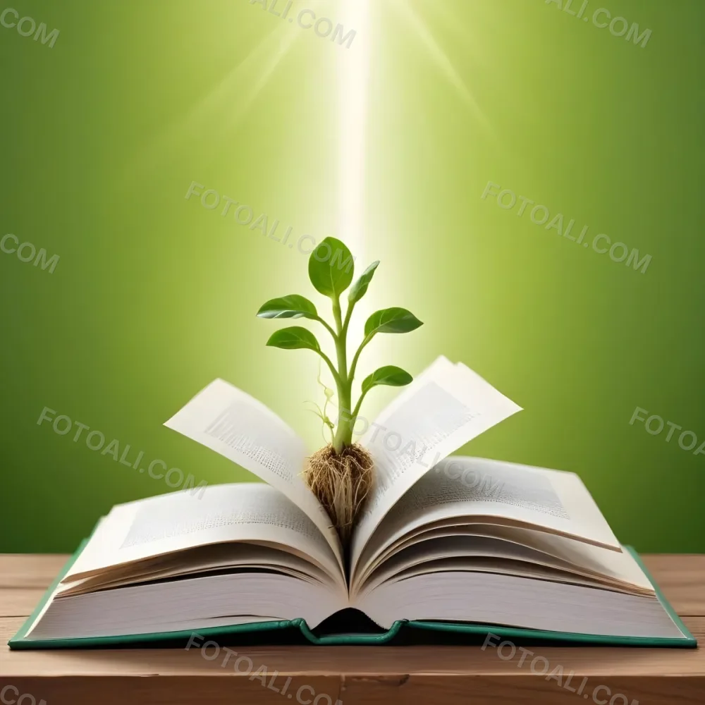 A Sprout Growing From An Open Book On A Wooden Table With A Bright Green Background And A Light Shining From Above 16 66e3
