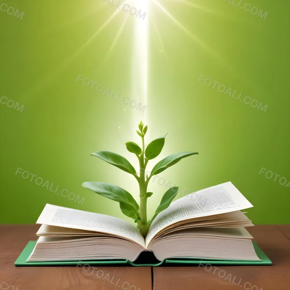 A Sprout Growing From An Open Book On A Wooden Table With A Bright Green Background And A Light Shining From Above 17 B7be