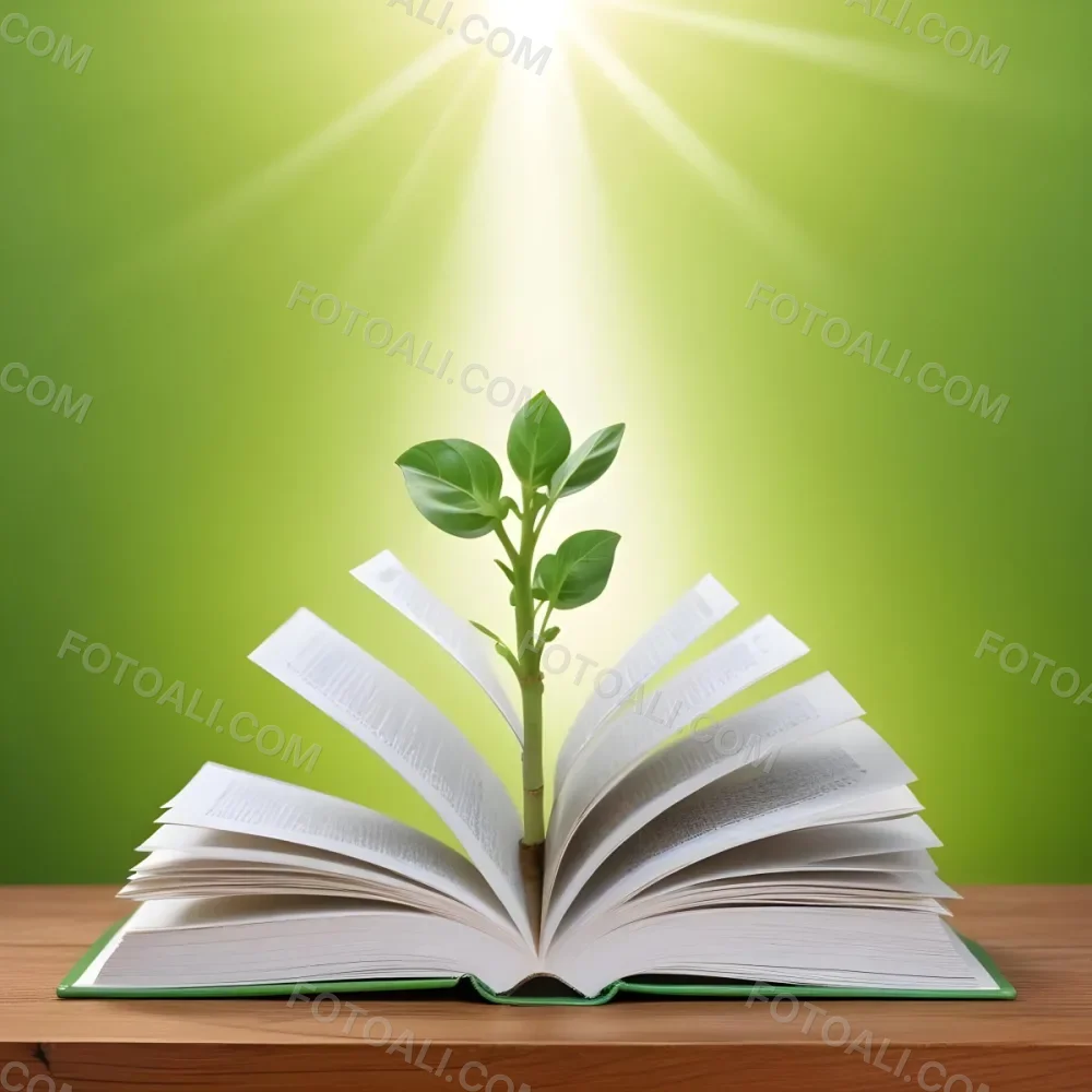 A Sprout Growing From An Open Book On A Wooden Table With A Bright Green Background And A Light Shining From Above 18 510e