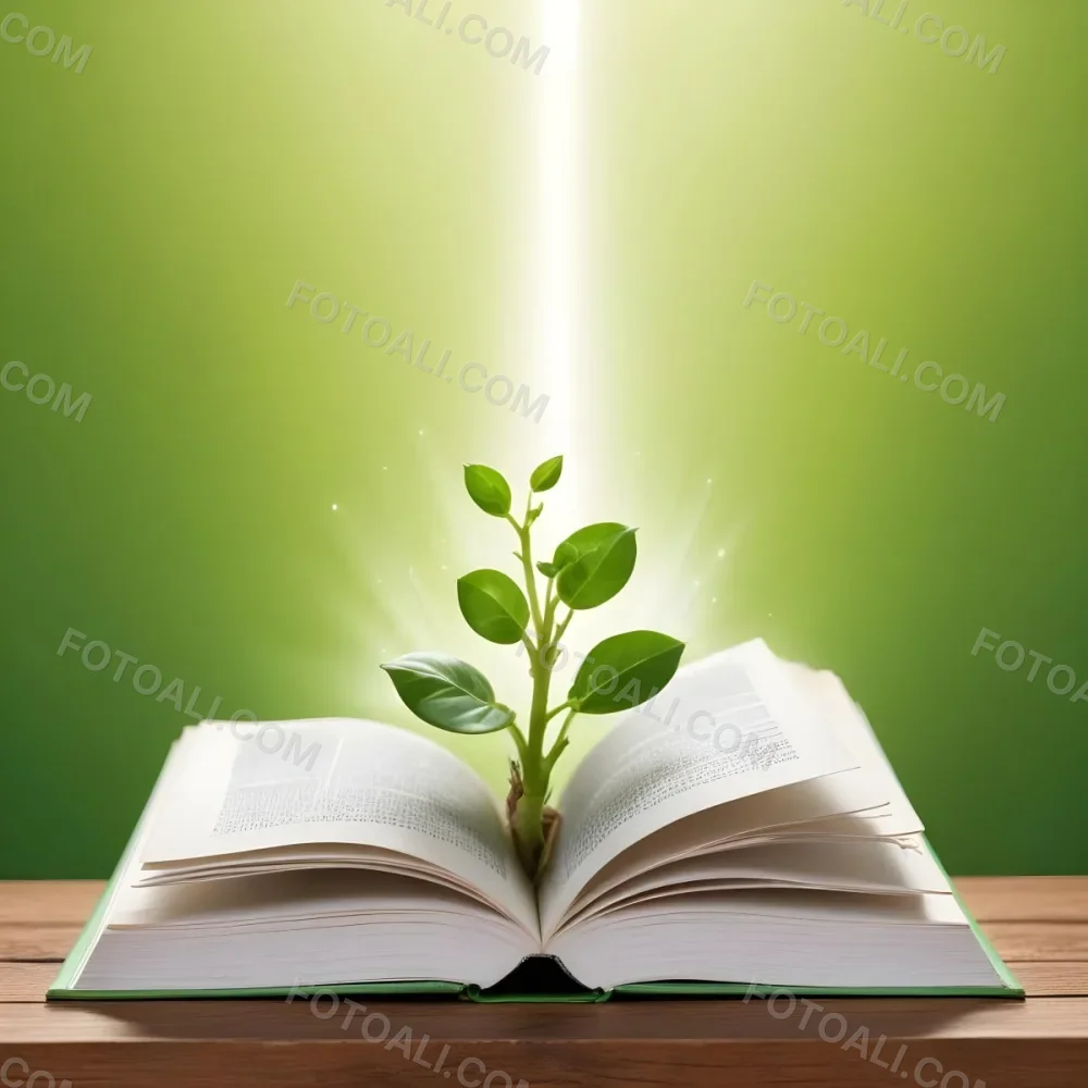 A Sprout Growing From An Open Book On A Wooden Table With A Bright Green Background And A Light Shining From Above 19 D7f6