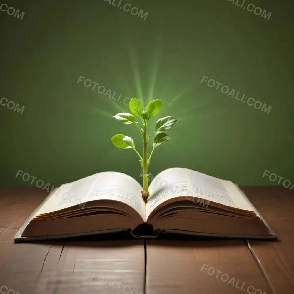 A Sprout Growing From An Open Book On A Wooden Table With A Bright Green Background And A Light Shining From Above 2 7728