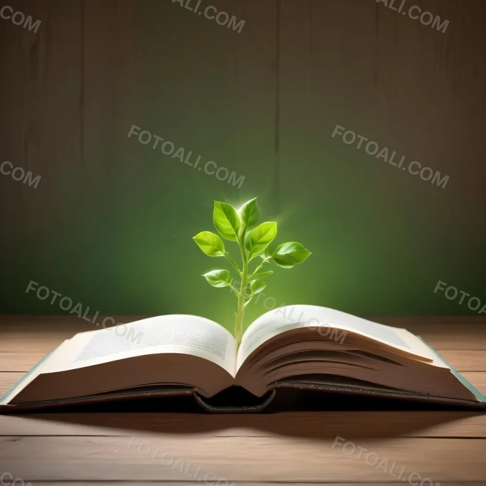 A Sprout Growing From An Open Book On A Wooden Table With A Bright Green Background And A Light Shining From Above 20 1bed