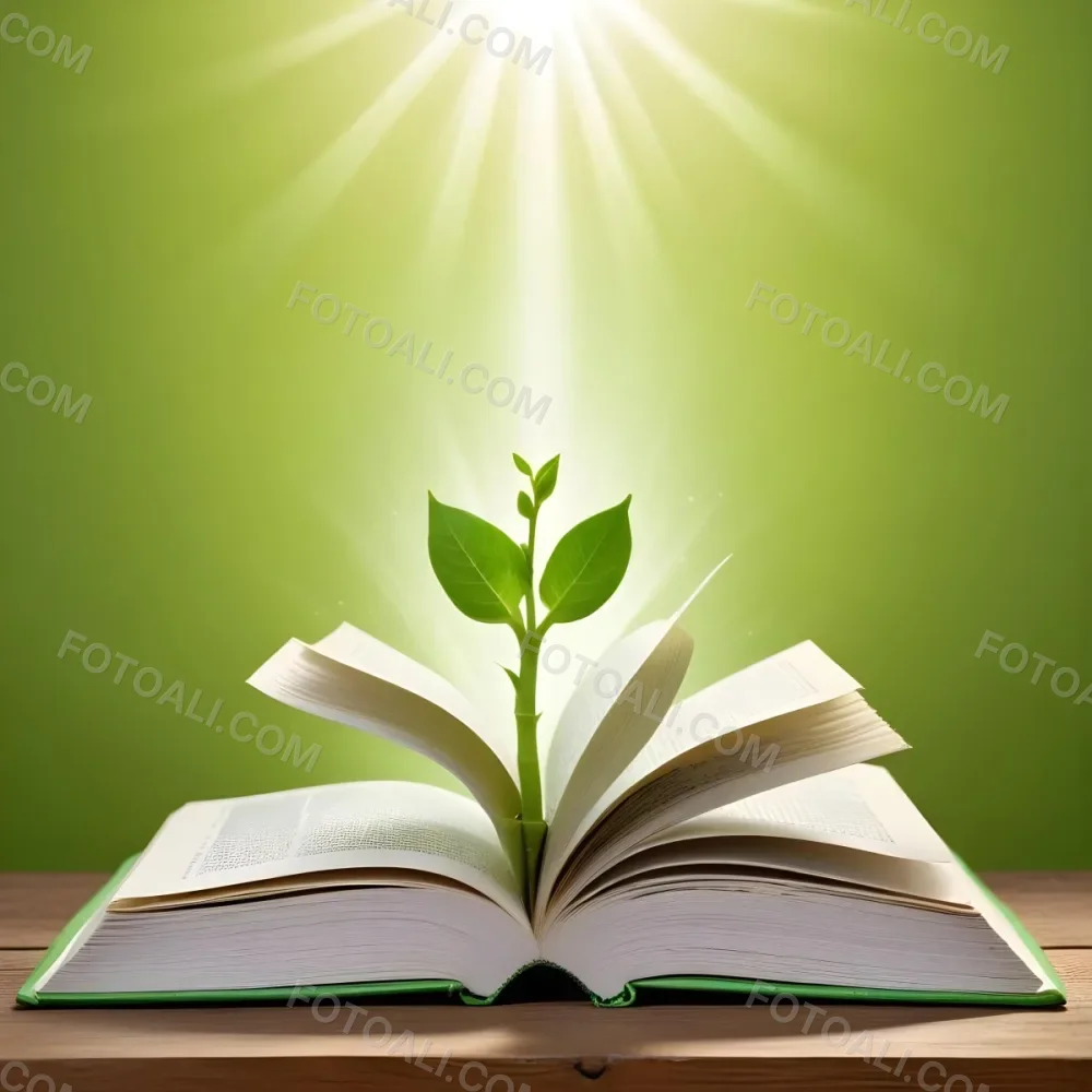 A Sprout Growing From An Open Book On A Wooden Table With A Bright Green Background And A Light Shining From Above 23 4ac0
