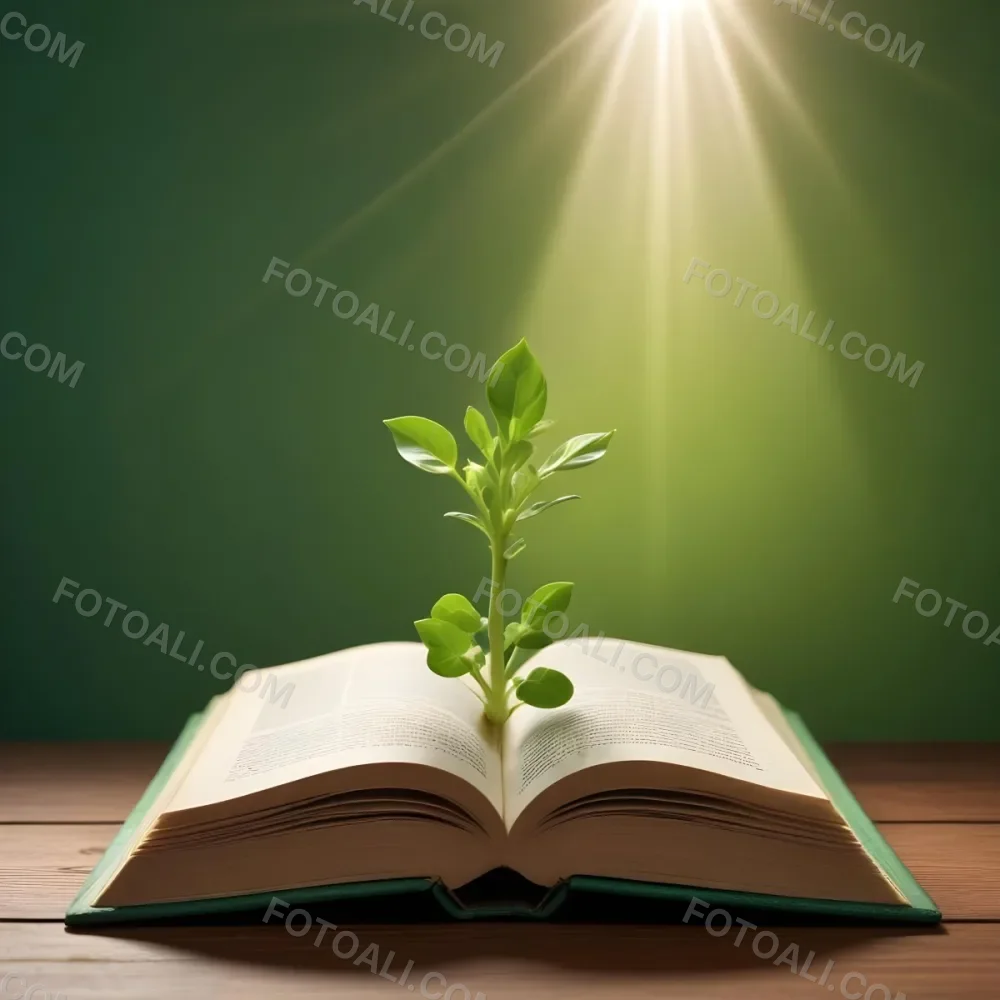 A Sprout Growing From An Open Book On A Wooden Table With A Bright Green Background And A Light Shining From Above 24 F1f2
