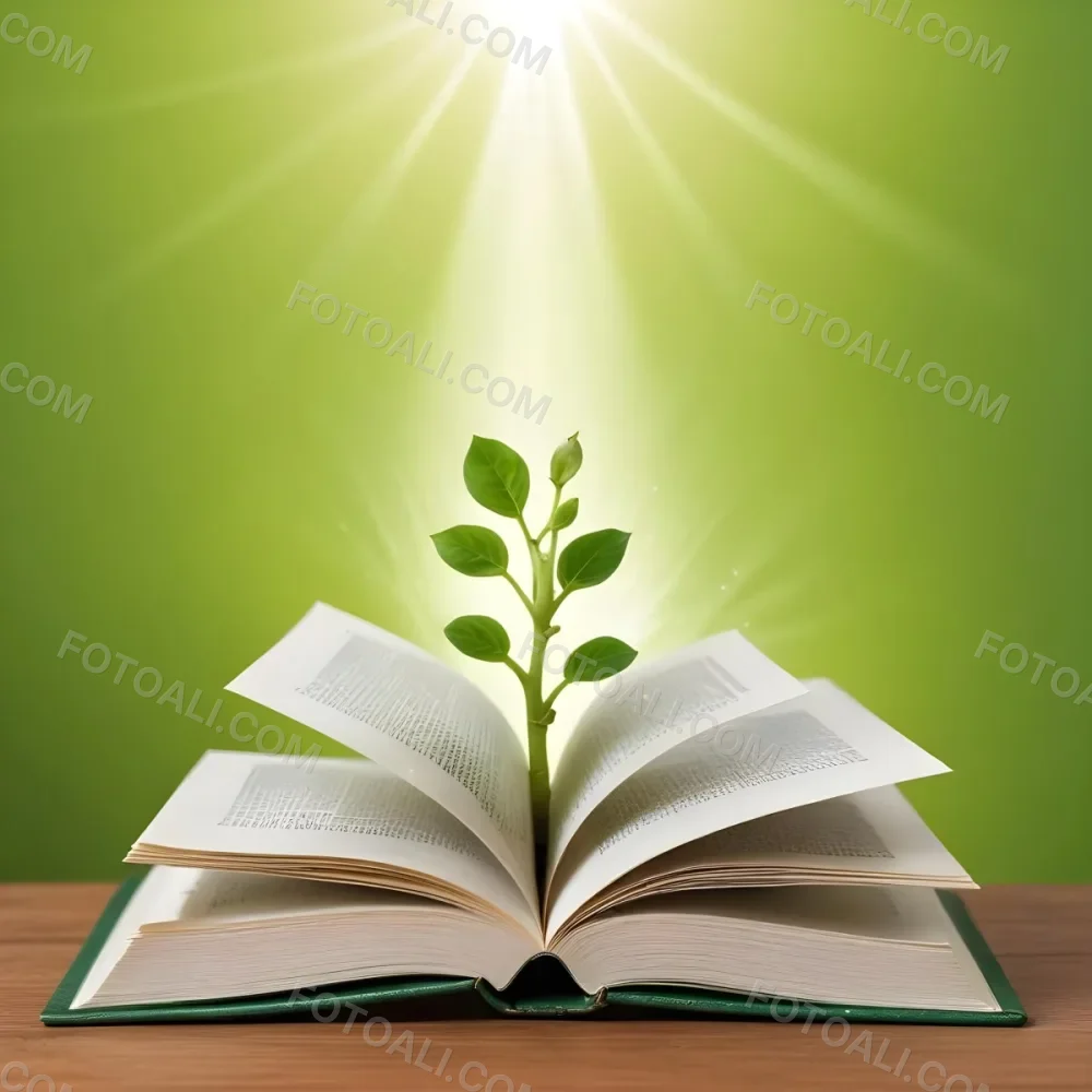 A Sprout Growing From An Open Book On A Wooden Table With A Bright Green Background And A Light Shining From Above 27 F0a0