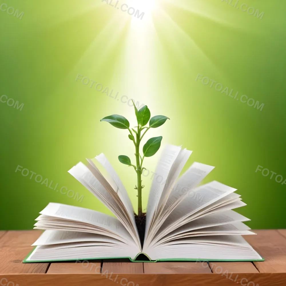 A Sprout Growing From An Open Book On A Wooden Table With A Bright Green Background And A Light Shining From Above 3 7d95