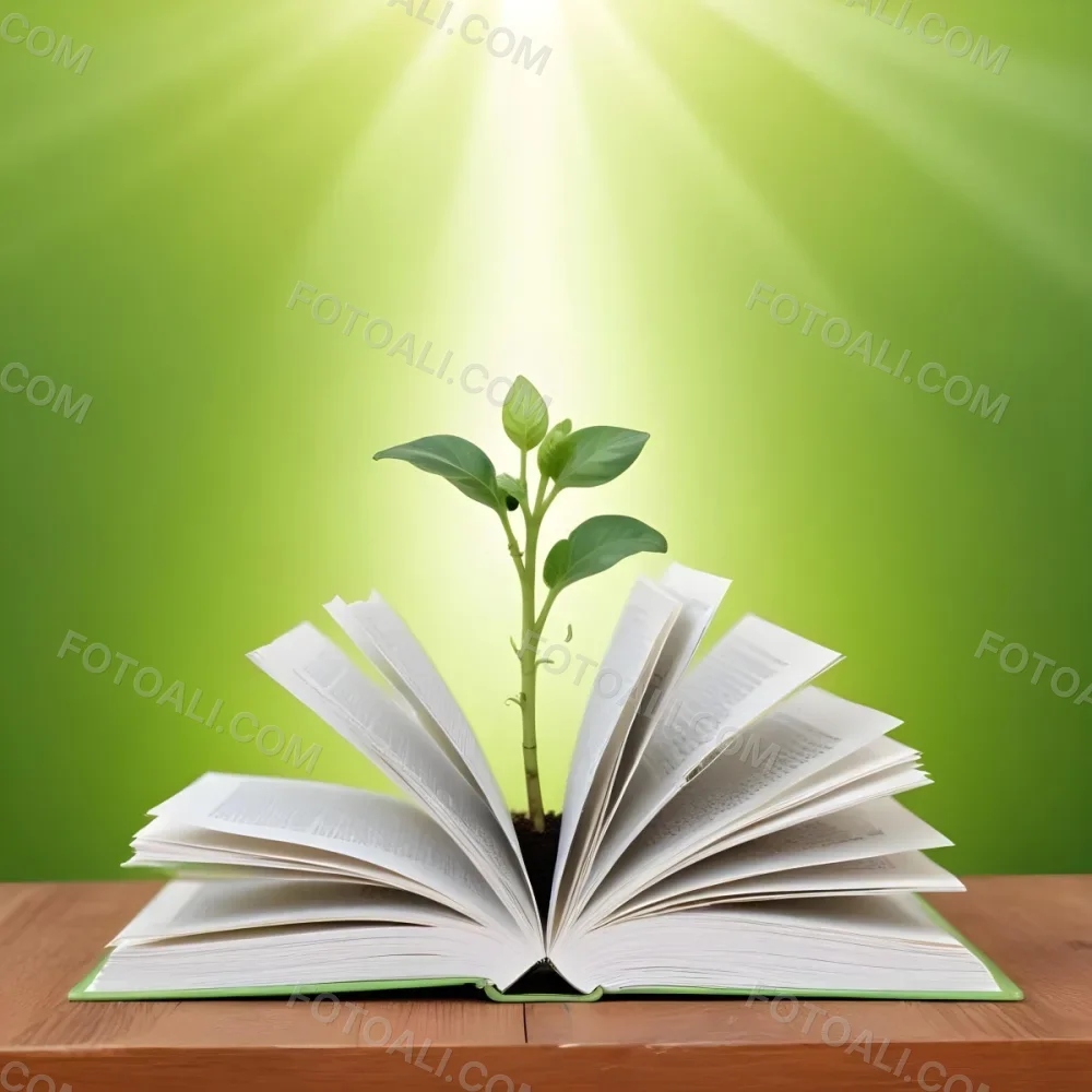 A Sprout Growing From An Open Book On A Wooden Table With A Bright Green Background And A Light Shining From Above 5 3276