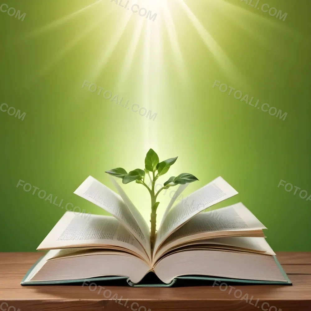 A Sprout Growing From An Open Book On A Wooden Table With A Bright Green Background And A Light Shining From Above 6 0f86