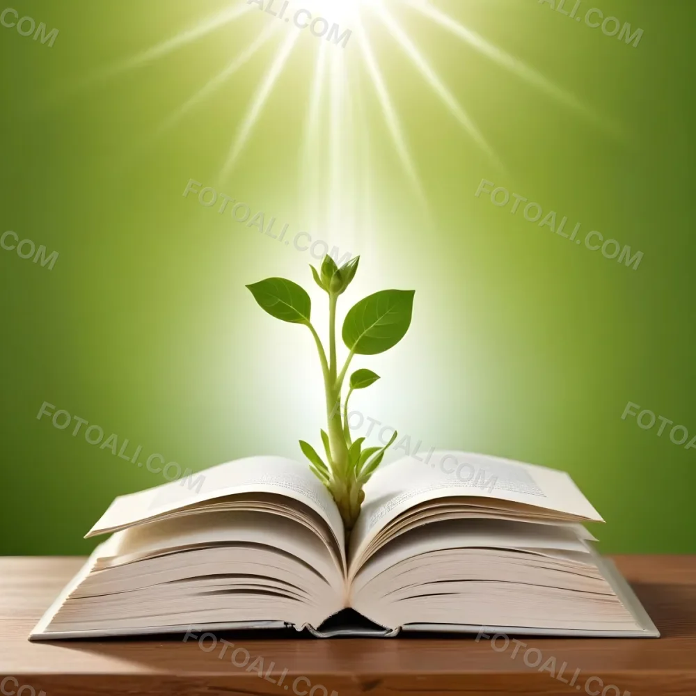 A Sprout Growing From An Open Book On A Wooden Table With A Bright Green Background And A Light Shining From Above 8 Fb9f