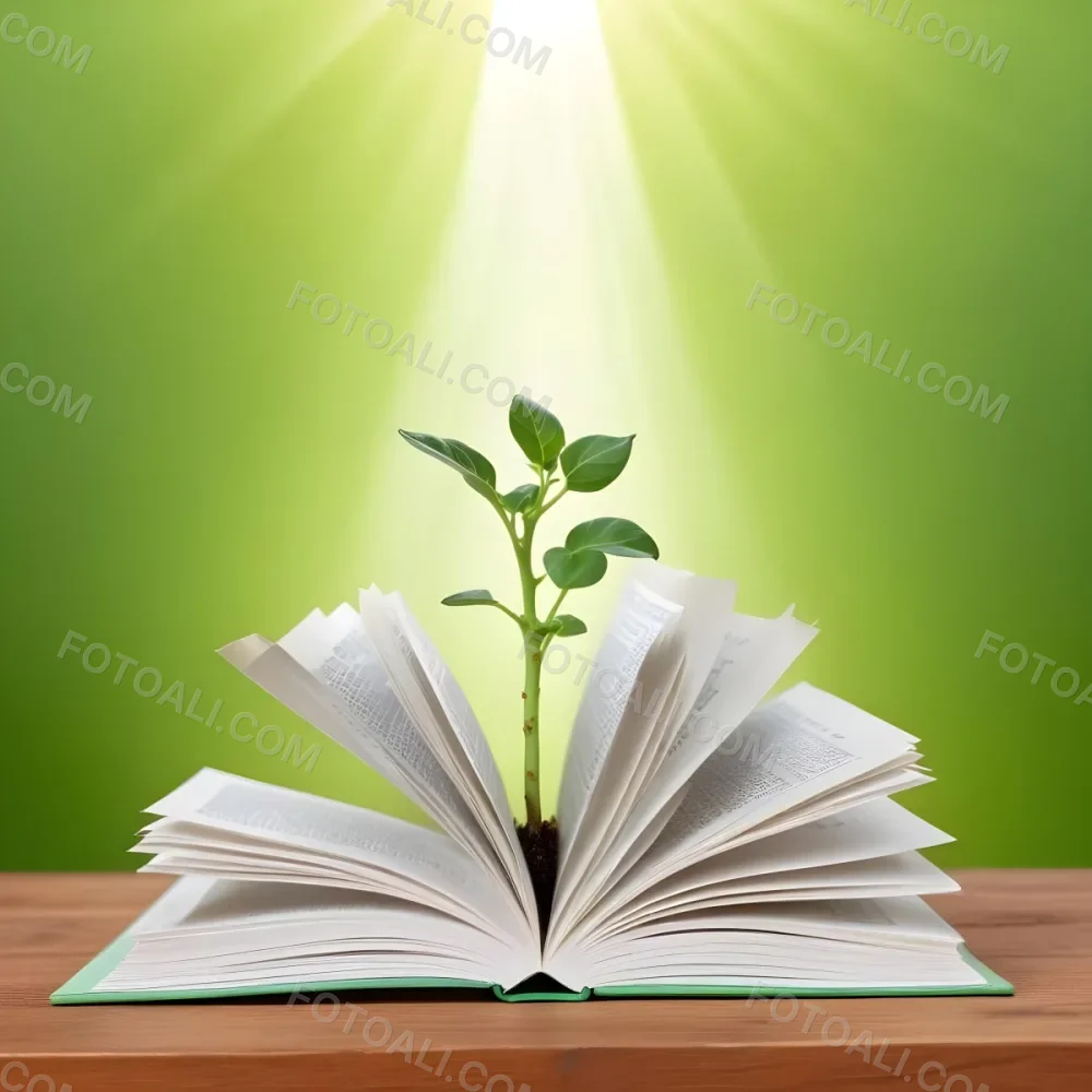 A Sprout Growing From An Open Book On A Wooden Table With A Bright Green Background And A Light Shining From Above 9 A6f4