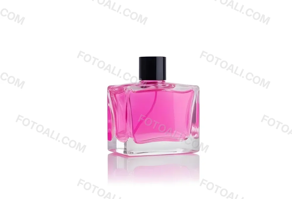 A Square Glass Perfume Bottle With A Pink Cap Filled With Bright Pink Liquid On A Black Background 1 7522