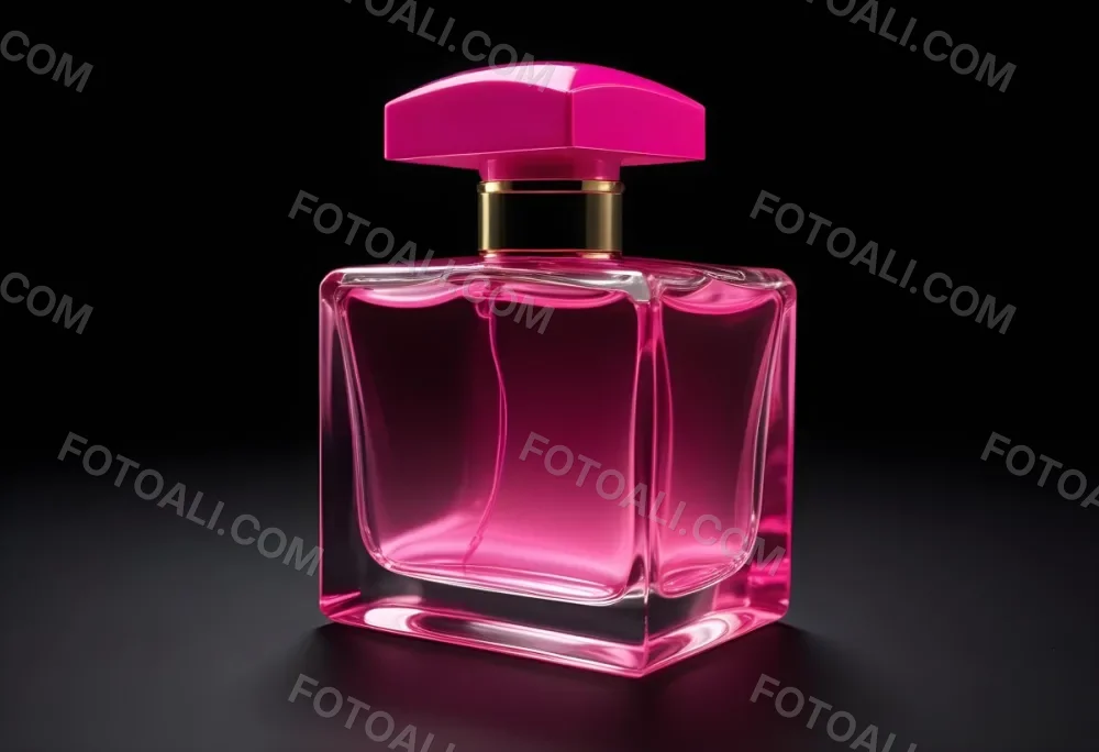 A Square Glass Perfume Bottle With A Pink Cap Filled With Bright Pink Liquid On A Black Background 12 42b4