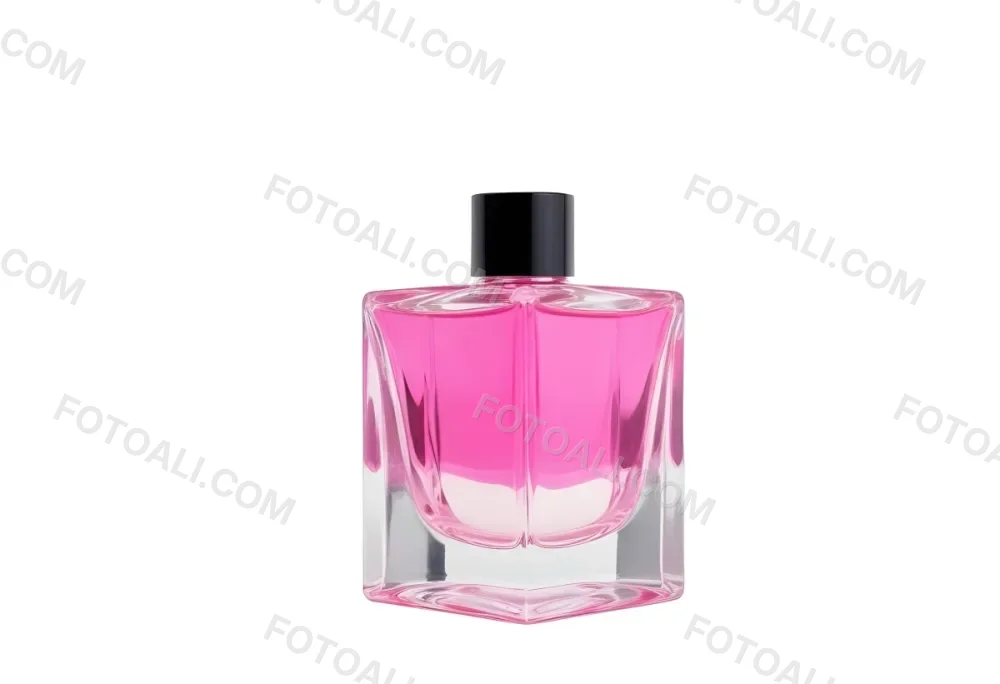 A Square Glass Perfume Bottle With A Pink Cap Filled With Bright Pink Liquid On A Black Background 13 58e5