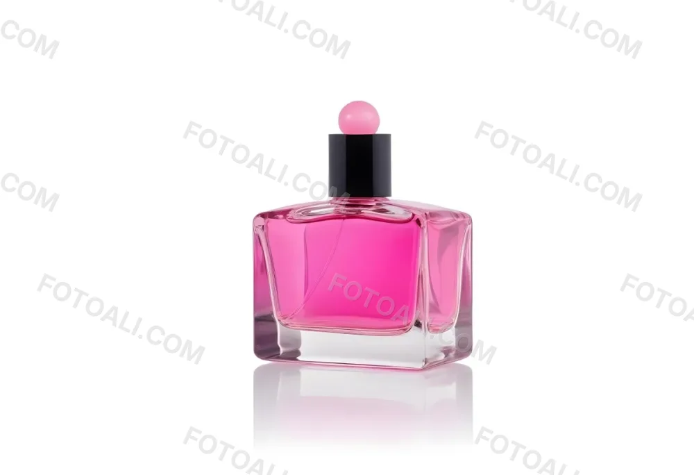 A Square Glass Perfume Bottle With A Pink Cap Filled With Bright Pink Liquid On A Black Background 19 7f75