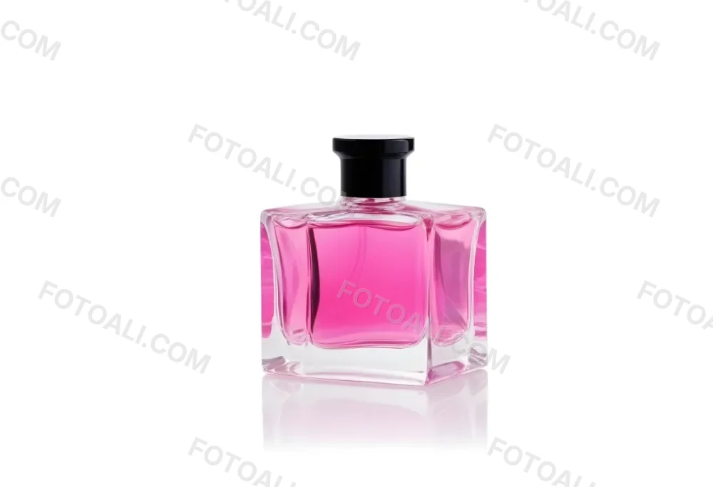 A Square Glass Perfume Bottle With A Pink Cap Filled With Bright Pink Liquid On A Black Background 26 7815