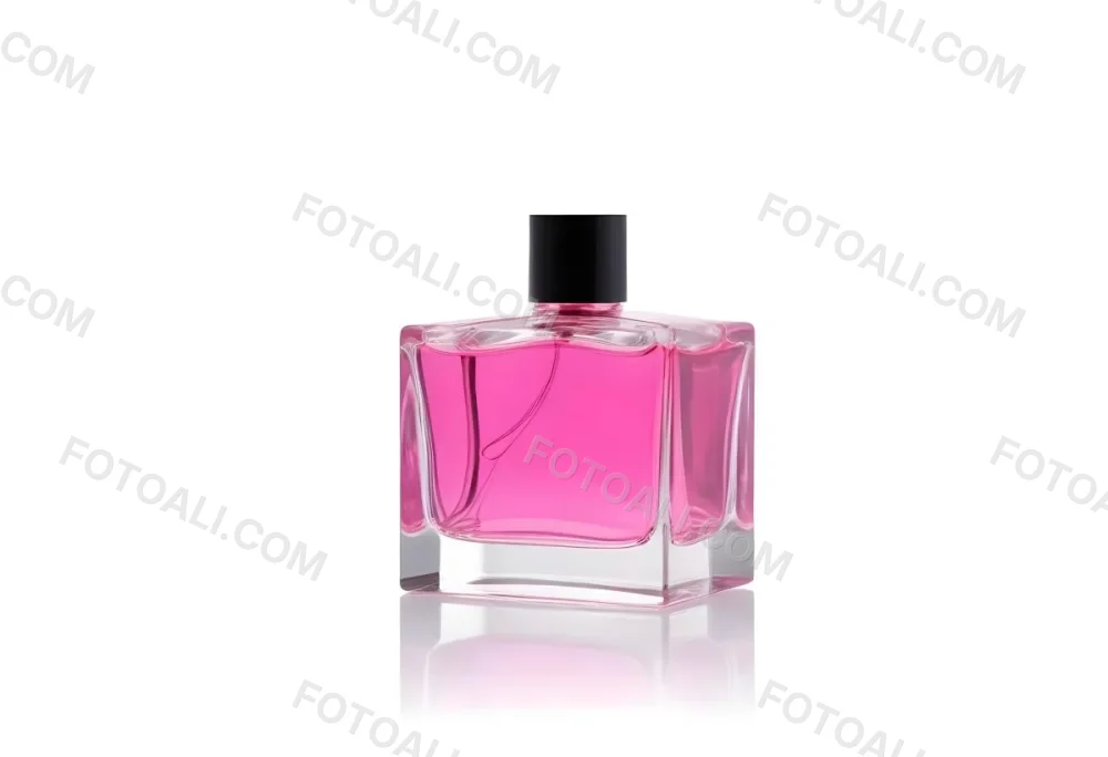 A Square Glass Perfume Bottle With A Pink Cap Filled With Bright Pink Liquid On A Black Background 28 Fb38