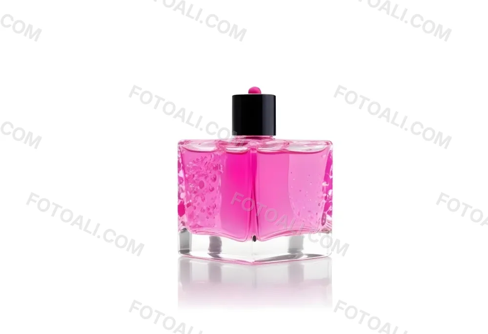 A Square Glass Perfume Bottle With A Pink Cap Filled With Bright Pink Liquid On A Black Background 3 E839