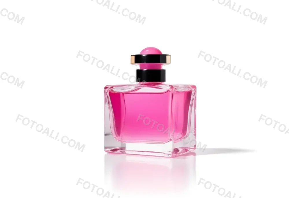 A Square Glass Perfume Bottle With A Pink Cap Filled With Bright Pink Liquid On A Black Background 35 Bc9d