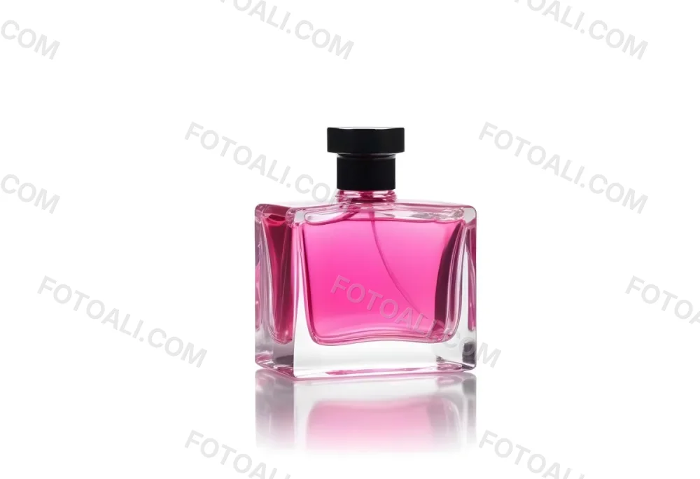 A Square Glass Perfume Bottle With A Pink Cap Filled With Bright Pink Liquid On A Black Background 38 12ca