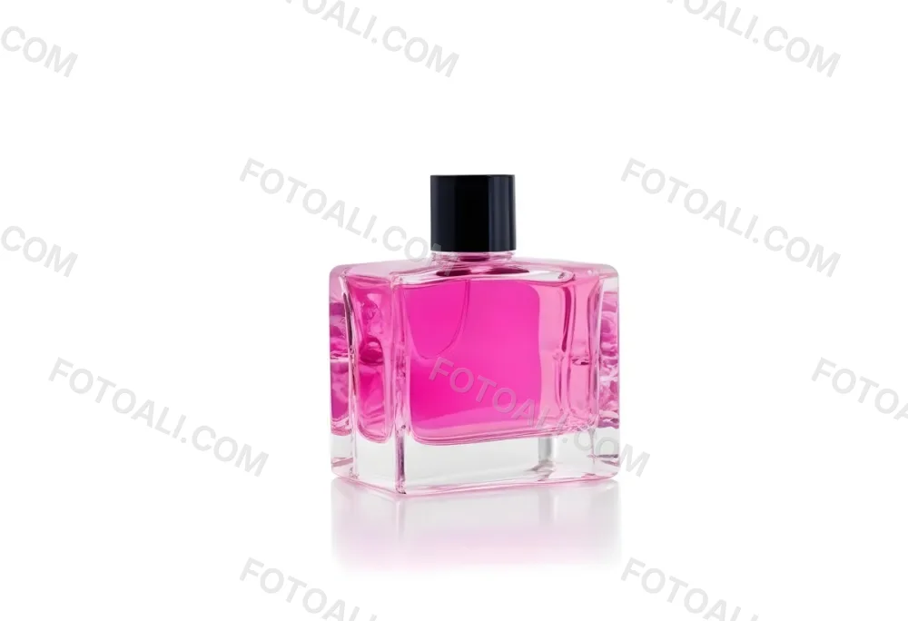 A Square Glass Perfume Bottle With A Pink Cap Filled With Bright Pink Liquid On A Black Background 39 0f0b