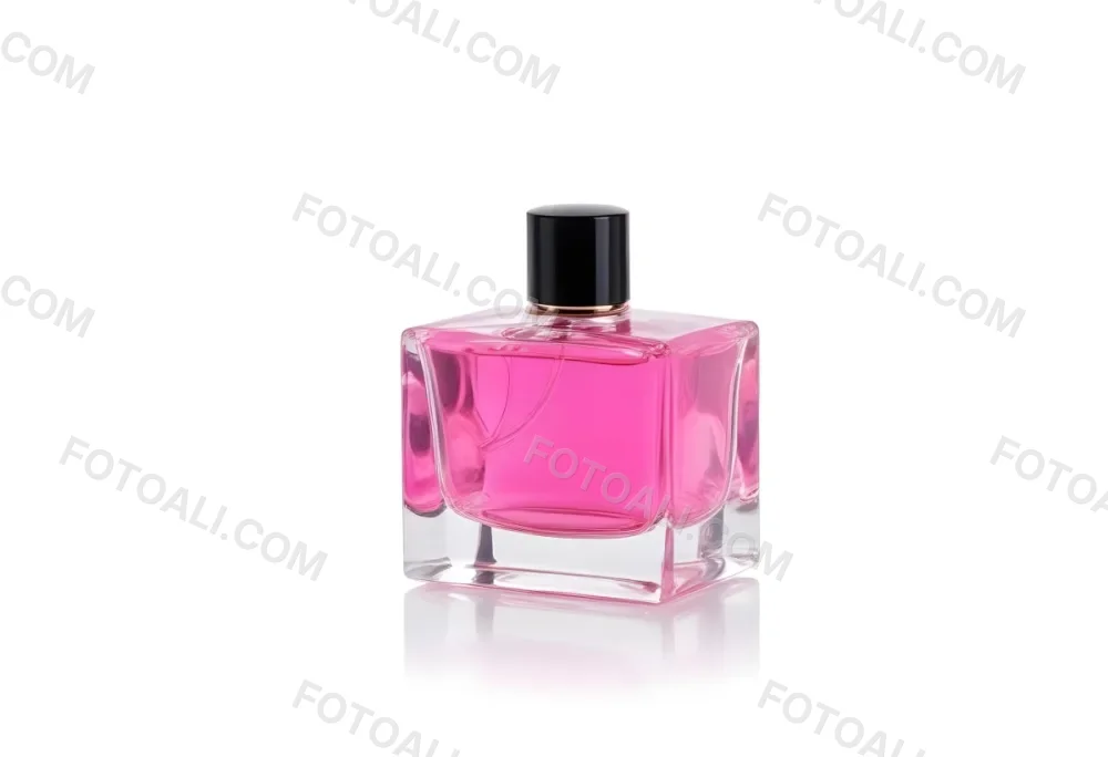 A Square Glass Perfume Bottle With A Pink Cap Filled With Bright Pink Liquid On A Black Background 41 7321