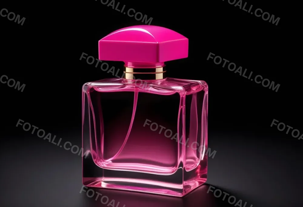 A Square Glass Perfume Bottle With A Pink Cap Filled With Bright Pink Liquid On A Black Background 42 2acd