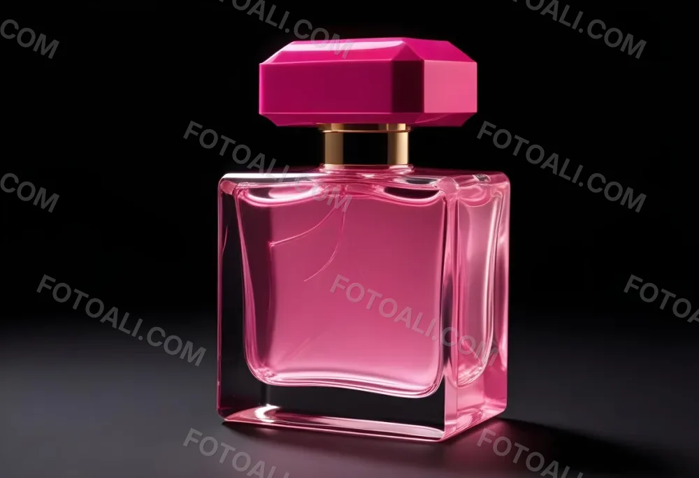 A Square Glass Perfume Bottle With A Pink Cap Filled With Bright Pink Liquid On A Black Background 44 0516