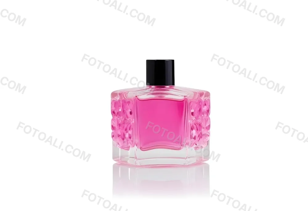 A Square Glass Perfume Bottle With A Pink Cap Filled With Bright Pink Liquid On A Black Background 5 23b8
