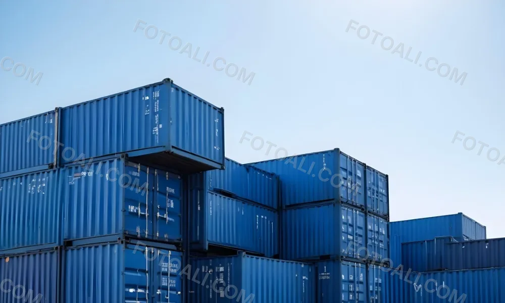 A Stack Of Blue Shipping Containers Arranged In A Staggered Formation Against A Clear Blue Sky Creating A Sense Of Industrial Scale And Logistical Complexity 20 C976