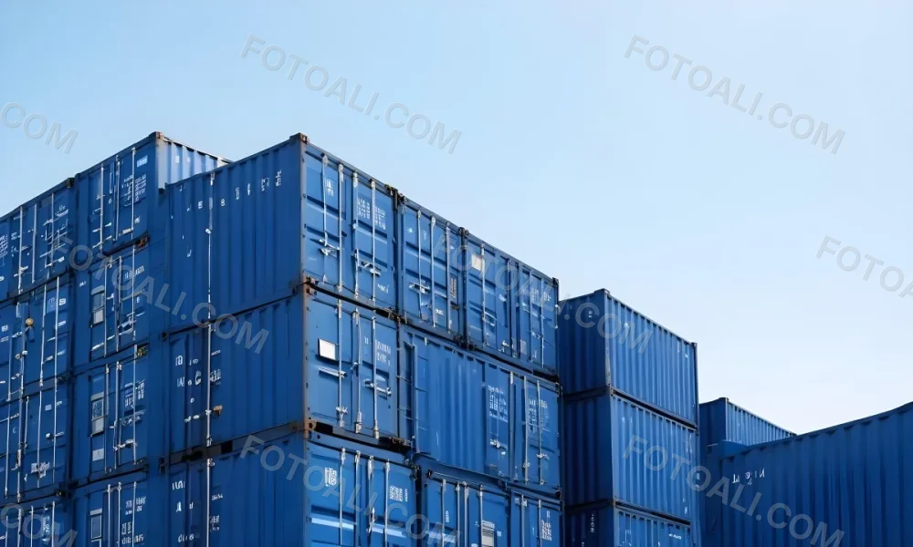 A Stack Of Blue Shipping Containers Arranged In A Staggered Formation Against A Clear Blue Sky Creating A Sense Of Industrial Scale And Logistical Complexity 21 8b1e