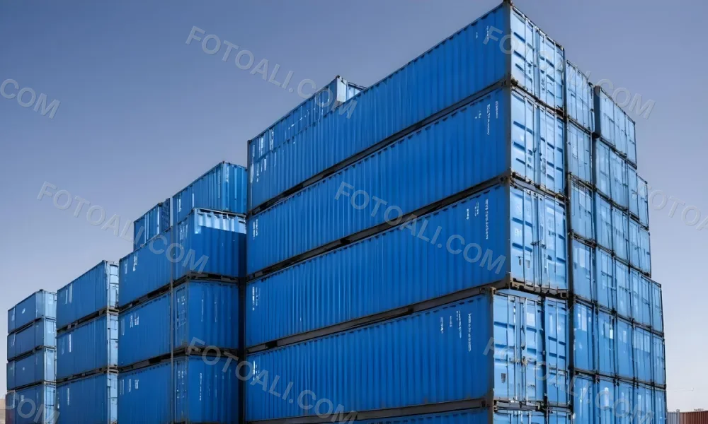 A Stack Of Blue Shipping Containers Arranged In A Staggered Formation Against A Clear Blue Sky Creating A Sense Of Industrial Scale And Logistical Complexity 22 Ee42