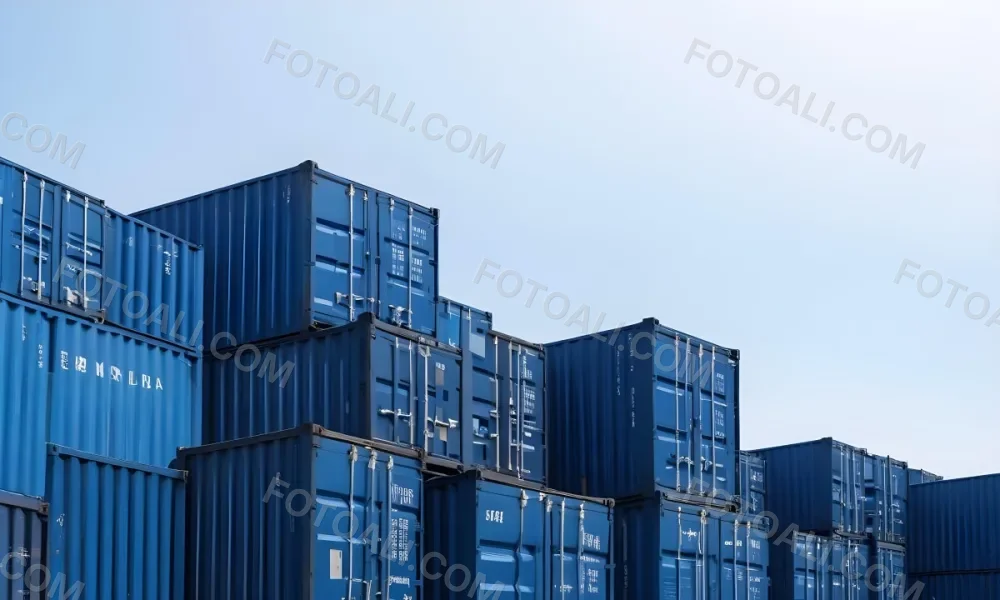 A Stack Of Blue Shipping Containers Arranged In A Staggered Formation Against A Clear Blue Sky Creating A Sense Of Industrial Scale And Logistical Complexity 23 3424