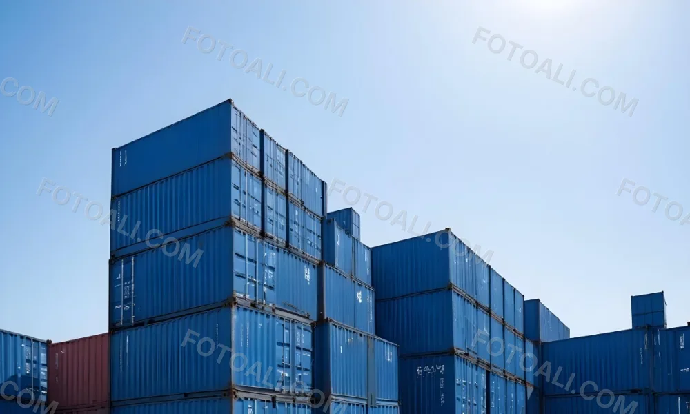 A Stack Of Blue Shipping Containers Arranged In A Staggered Formation Against A Clear Blue Sky Creating A Sense Of Industrial Scale And Logistical Complexity 24 5b67