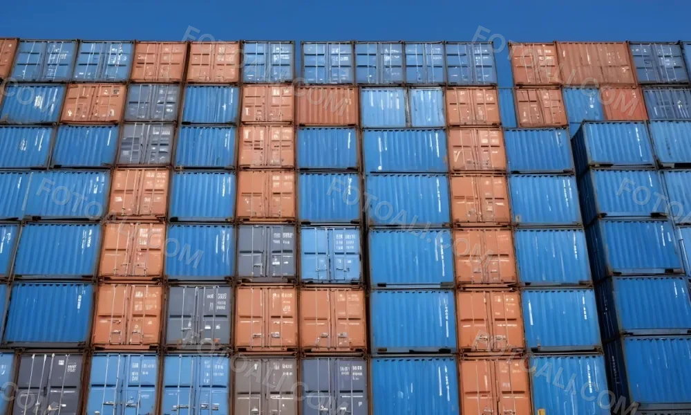 A Stack Of Blue Shipping Containers Arranged In A Staggered Formation Against A Clear Blue Sky Creating A Sense Of Industrial Scale And Logistical Complexity 25 Bdac